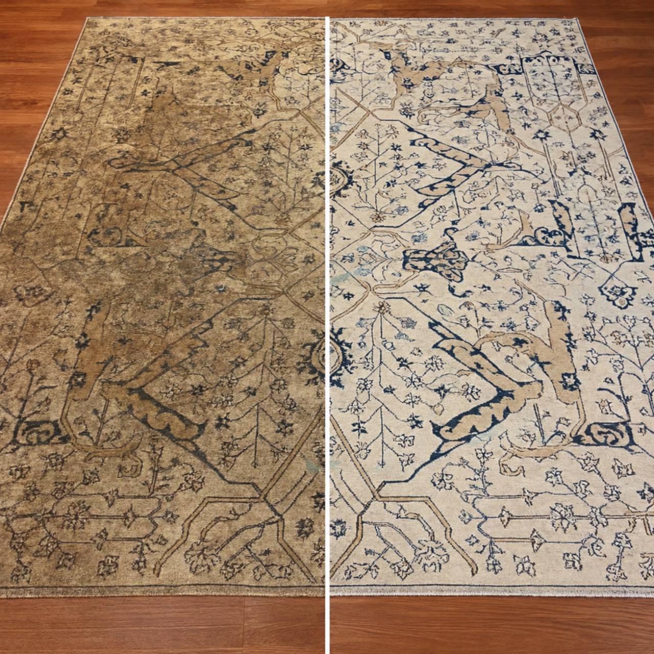 Side-by-side comparison of a neutral patterned rug