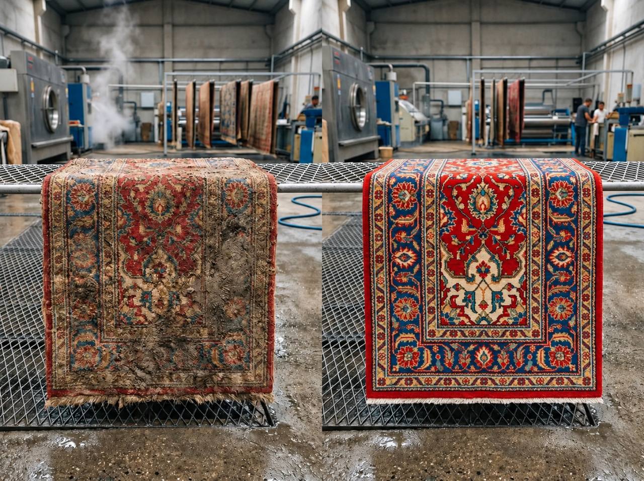 Side-by-side comparison of a red patterned rug in a washing facility