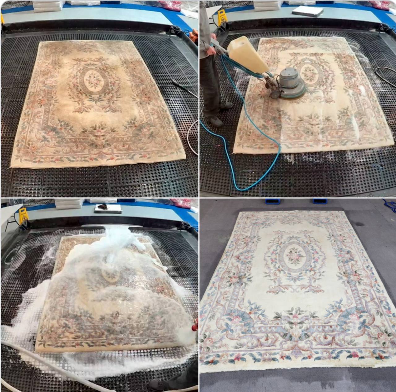 Four views of a floral rug during washing and after drying